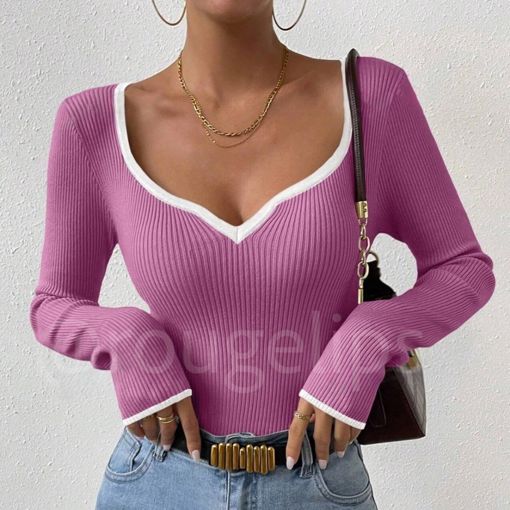 Pink Rib Knit Sweetheart Neck Contrast White Trim Long Sleeve Fitted Sweater